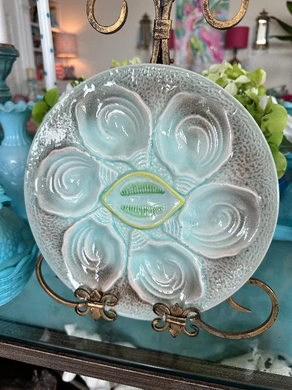 Vintage Oyster Plate Aqua and yellow, Lemon Center