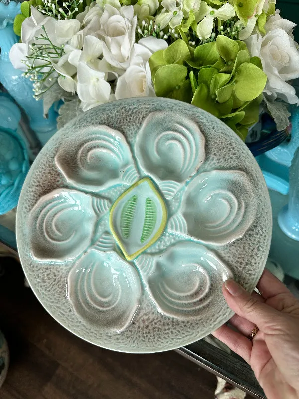 Vintage Oyster Plate Aqua and yellow, Lemon Center