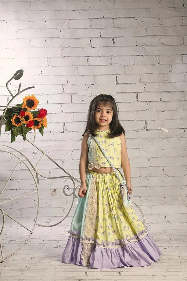 Yellow Animal Print Frilled Lehenga with Blouse and Potli bag Set for Girls