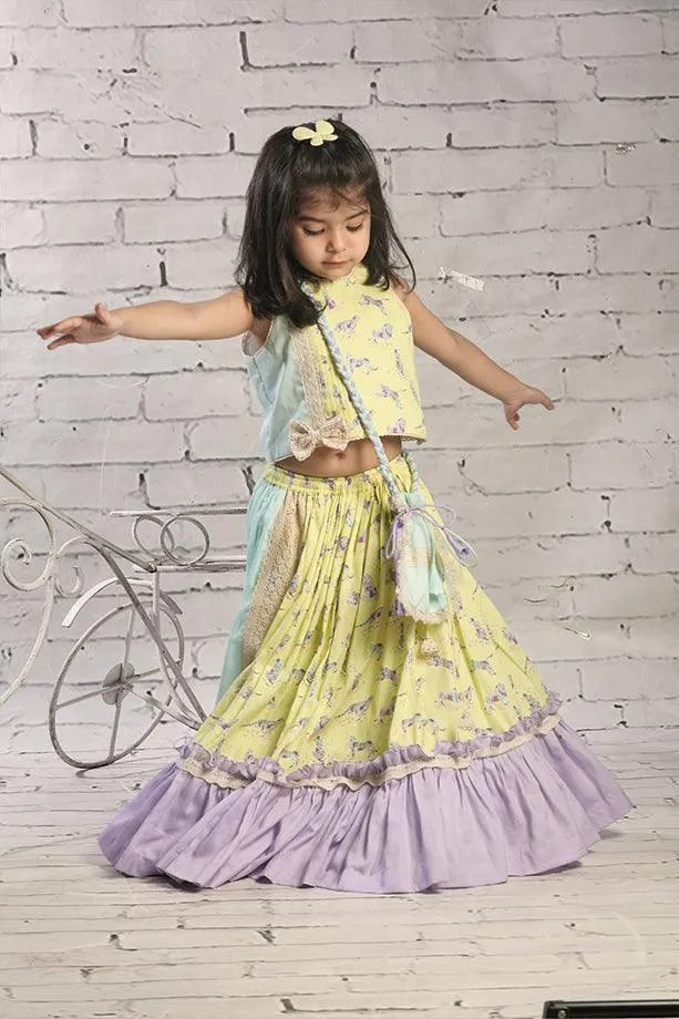Yellow Animal Print Frilled Lehenga with Blouse and Potli bag Set for Girls