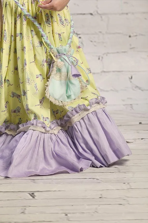 Yellow Animal Print Frilled Lehenga with Blouse and Potli bag Set for Girls