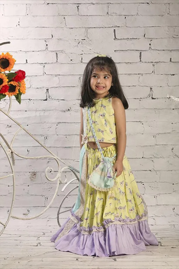 Yellow Animal Print Frilled Lehenga with Blouse and Potli bag Set for Girls